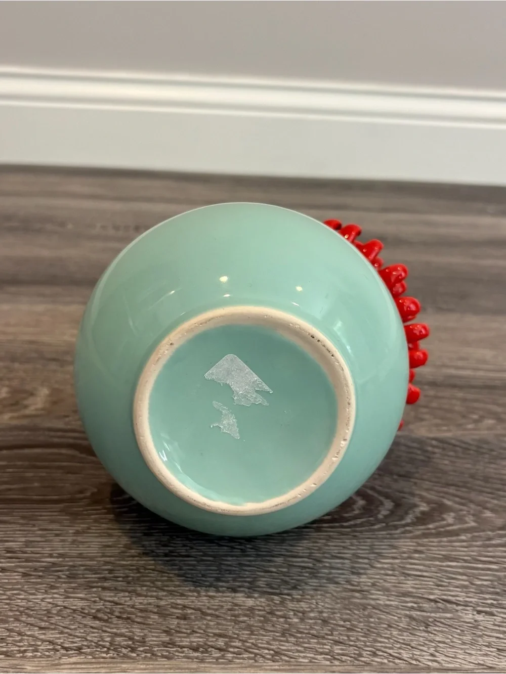 Anthropologie Aqua Ceramic Vase Red 3D Chrysanthemum Flower 9” Bloom